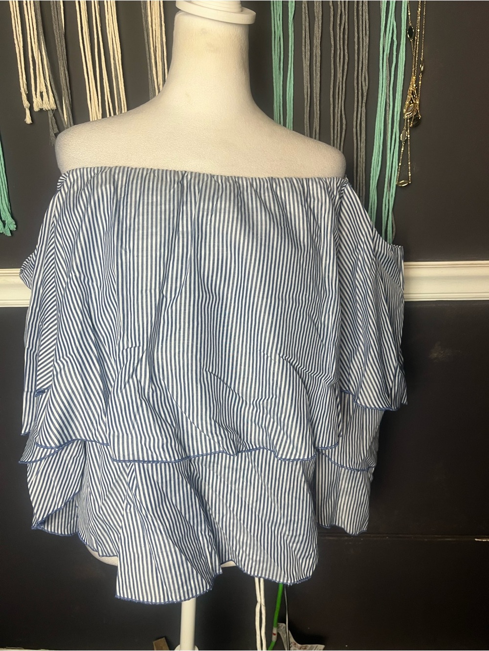San Joy Off-The-Shoulder Striped Ruffle Top, size large